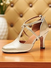 cheap Latin Shoes-Women's Gold Latin Dance Shoes with Cross Strap and Mid Heel - Vintage Gatsby Party and Ballroom Performance Heels