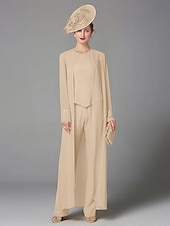 abordables Costumes-pantalons pour maman-Pantalon de mariage à la plage ensemble de 3 pièces mère de la mariée invitée de mariage formelle élégante grande taille avec encolure bateau longueur au sol manches longues enveloppe incluse avec