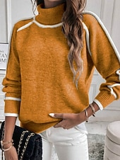 billige Solide farger-Dame Genser Gatemote Fritid Fargeblokk Rullekrage Lapper Strikket Langermet Vanlige topper Strikke utendørs Daglig Ut på byen Svart Gul Høst Vinter