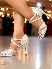 levne Boty na latinskoamerické tance-Dámské saténové boty na latinskoamerické tance s otevřenou špičkou a kamínkovými detaily, elegantní a třpytivý design, ideální na Gatsby párty a taneční plesy