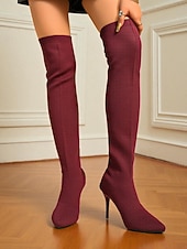 זול מגפי אופנה-מגפי אופנתיים שחורים סריג מעל הברך עם עקב סטילטו לנשים - מגפיים אלגנטיים נמתחים עד הירכיים למסיבות ערב, מועדונים ואירועים רשמיים