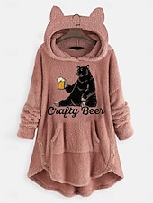 olcso Béléses pulóverek-Női Pulóver Hoodie pulóver Állat Szöveg Alkalmi Hosszú ujj Kapucni Hosszú felsők Utca Hétköznapi Arcpír rózsaszín Bor Szürke Ősz Tél