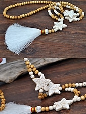 abordables Collier pour femme-Collier long à pompon en perles pour femme avec pendentif étoile, bijoux bohème en perles de bois pour tenues décontractées, vêtements de plage et fêtes