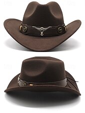 baratos Chapéus Femininos-Chapéu de cowboy masculino com faixa de cabeça de touro – chapéu fedora vintage de feltro com aba larga para rodeio, estilo ao ar livre e presente de Natal