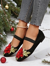 abordables Ballerines femme-Ballerines Mary Jane de Noël pour femmes – Chaussures à brides brodées de roses en faux daim pour les fêtes et au quotidien