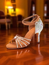 baratos Sapatos de Dança Latina-Sapatos de dança latina pretos com strass para mulheres - saltos brilhantes para festas de salão com tira no tornozelo para salsa, rumba e eventos noturnos