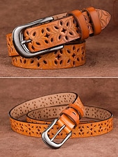 abordables Ceinture pour femme-Ceinture en cuir véritable pour femme – motif floral vintage sculpté avec boucle en métal, accessoire de taille rétro pour jeans, robes et tenues décontractées