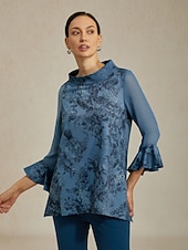 abordables Chemises et blouses-Chemisier femme gris bleu fleuri col montant manches à empiècements transparents ourlet asymétrique coupe confortable décontracté vacances printemps été automne