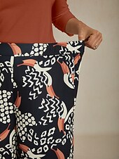 levne Kalhoty-Dámské široké plisované kalhoty s potiskem tukana – elastický pas, volný střih, palazzo kalhoty s volným střihem, volánky a bočními kapsami, lehký zmačkaný šifon