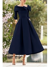 billige Cocktailkjoler-A-Line Cocktailkjoler Elegant Kjole Formell Bryllupsgjest Te-lengde 3/4 erme Fyrkantet hals Lomme Satin med Sløyfe(r) Lomme