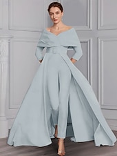 お買い得  ママのジャンプスーツ-ジャンプスーツ 花嫁の母 フォーマル ウェディングゲスト エレガント パーティー スクープネック オフショルダー アンクル丈 ストレッチファブリック 3/4丈スリーブ サッシュ/リボン付き