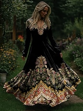 Christmas Women's Maxi Dress Pleated Dress Party Casual Boho Daily Date Going out Regular Fit Tribal Long Sleeve V Neck Black Red Fall Winter4