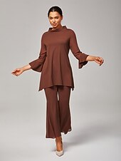 billige Bluser og skjorter-damebluse i kaffebrun chiffong-modal med smal passform og gjennomsiktige ermer, elegant, lett, pustende, kontor, middag, date