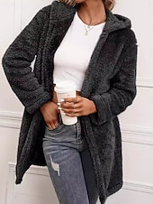 お買い得  フリースライニングジャケット-女性用 冬物コート シェルパジャケット 快適 高通気性 オープンフロント カジュアル 平織り バケーション ストリート カジュアル デイリーウェア オープンフロント ロング フード付き ルーズフィット 長袖 アウターウェア ブラック 春 秋