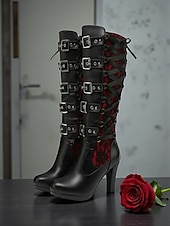 levne Pro ženy-dámské gotické šněrovací vysoké podpatky ke kolenům s několika přezkami - černé kožené boty ve stylu steampunk s červenými krajkovými detaily, ideální pro cosplay a halloween