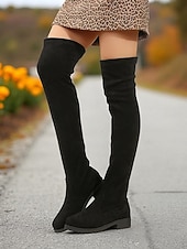 levne Módní boty-Dámské černé kozačky nad kolena – zimní boty z umělé semiše na nízkém podpatku pro streetwear i ležérní outfity