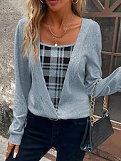 Недорогие Женские Графические Топы-Жен. Рубашка Блуза В клетку Стиль Классический На каждый день Длинный рукав Квадратный вырез Обычные топы Повседневные Праздники С принтом Синий Весна Осень Зима