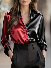 preiswerte Elegante Oberteile-Damen Elegant Satin Bluse Einfach Elegant Täglich Langarm V Ausschnitt Normale Oberteile Täglich Knöpfe Rote Grün Khaki Grau Herbst