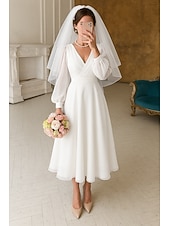 ieftine Rochii albe mici-Linia -A Lungime Gleznă Rochița albă mică Rochii de petrecere Rochii de petrecere a burlacilor Rochie de mireasă Elegant Zilnic Mâneci stil Episcop Manșon Lung În V Absolvire Gril pe Kamado  Șifon cu