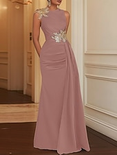 tanie Suknie balowe na wieczór-Suknia Wieczorowa Sheath Elegancka Sukienka Formalna Długość do Podłogi Bez Rękawów Dekolt w Kształcie Klejnotu Kieszeń Satynowa z Haftem