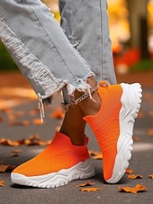 cheap Women's Sneakers-Women's Orange Slip-On Flyknit Sneakers – Breathable Mesh Lightweight Walking Shoes with Chunky Sole for Casual and Sport