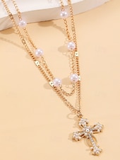 abordables Collar de mujer-Collar de cruz navideña para mujer, cadena de oro en capas con colgante de perla y diamantes de imitación, elegante joyería navideña para fiestas, bodas y regalos.