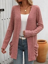 billiga casual jackor-Dam Vinterkappa Bekväm Andningsfunktion Ficka Öppen front Elegant Ledigt Slät Semester Gata Ledigt Dagliga kläder Öppen front Normal Kraglös Normal Långärmad Ytterkläder Rodnande Rosa Rubinrött Blå