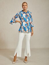 baratos camisas, tops e blusas-blusa feminina chiffon romano torcido emendado estampa floral azul gola barco manga três quartos curta