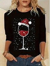 Christmas Women's T Shirt Graphic Snowflake Wine Glass Vintage Fashion Stylish Long Sleeve Crew Neck Round Neck Regular Tops Daily Weekend Print Black Spring Fall Winter4