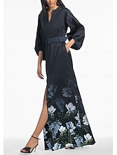  A-Line Floor Length Wedding Guest Dress Formal Dresses Evening Gown Mother of the Bride Dress Short Sleeve V Neck Elegant Vintage Wedding Formal Satin with Floral Print