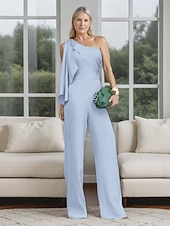 Недорогие Полуформальный / Коктейль-Комбинезон  брюки для матери невесты Элегантное простое минималистичное платье с одним плечом длиной до пола из полиэстера без рукавов с бантом/рюшами однотонного цвета