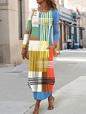 preiswerte Streifen- und geometrisches Kleid-Damen Midikleid Etui-Kleid T-Shirt-Kleid Urlaub Lässig Boho Ferien Date Normale Passform Grafik Geometrisch Abstrakt Langarm Rundhalsausschnitt Gelb Rosa Blau Purpur Frühling Herbst Winter