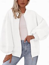 billiga casual jackor-Dam Vardaglig jacka Bekväm Andningsfunktion Dragkedja Ledigt Slät Semester Gata Ledigt Dagliga kläder Dragkedja Normal Hög krage Lös passning Långärmad Ytterkläder Svart Vit Rubinrött Vår Höst