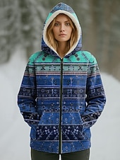 billiga Fleece-fodrade jackor-Kvinnors vinterjacka varm dragkedja ficka tryck avslappnad blommig avslappnad vanlig huva vanlig passform lång ärm ytterkläder rosa blå lila höst vinter