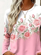 economico T-shirt floreale-Per donna Maglietta Stampato Floreale Grafico Piante Vintage Elegante Classico Manica Lunga Girocollo Top Regolari Quotidiano Rosa Primavera Autunno Inverno