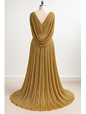 voordelige Zeemeermin Avondjurken-Gouden Sequin A-Lijn Avondjurk Elegante Jurk Formele Bruiloft Vloerlengte Korte Mouwen V-Hals Capes Lurex Stof met Plooien