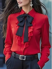 billiga Dressiga toppar-Dam Elegant Satin Blus Slät Elegant Långärmad Tröjkrage Vanliga toppar Dagligen Volang Rosett Svart Vit Rubinrött Grå Höst