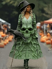 economico Abito di Halloween-Halloween Per donna Abito Midi Abito a trapezio Vacanza Casual Quotidiano Ferie Data Vestibilità regolare Grafico Teschio Manica Lunga Scollo a V Giallo Chiaro Blu Viola Verde Autunno Inverno