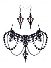 tanie Akcesoria Halloween-Zestaw damski naszyjnik i kolczyki w stylu gotyckim z koronką na Halloween – czarna koralikowa biżuteria wampirza na imprezę kostiumową i cosplay