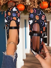 abordables Pour les femmes-Ballerines Mary Jane pour femme, style Halloween – Chaussures vintage à imprimé fantômes et citrouilles avec bride à boucle pour soirée costumée, collecte de bonbons et tenue décontractée