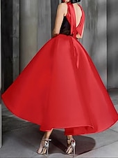 baratos Vestidos de Cocktail-Vestidos de Coquetel A-Line Pretos e Dourados Vestido Elegante Formal Casamento Comprimento Até o Tornozelo Sem Mangas Gola Redonda Com Bolso Cetim com Laço(s) Strass