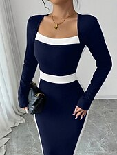 billiga Randig och geometrisk klänning-Dam Midiklänning Sheath Dress Ledigt Helgdag Utekväll Normal Randig Långärmad Fyrkantig hals Svart Fuchsia Mörkblå Vår Höst Vinter