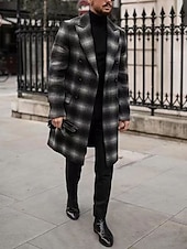 abordables Men's Trench Coat-Men's Overcoat Trench Coat Long Trench Coat Vacation Daily Fall Winter Polyester Windproof Warm Outerwear Clothing Apparel Fashion Classic Plaid Pocket Lapel Open Front