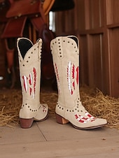 Broderade cowboystövlar i westernstil för kvinnor, svart och röd design med nitar, perfekta för holloween-festivaler, countrykonserter och vardagliga outfits billiga Cowboy & Western Boots-Broderade cowboystövlar i westernstil för kvinnor, svart och röd design med nitar, perfekta för holloween-festivaler, countrykonserter och vardagliga outfits