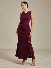 billiga Nyårsklänningar-Dam Maxiklänning Sheath Dress Plisserad klänning Volangkjol Elegant party Semiformella klänningar Bröllopsgäst Kvällsfest Gradering Ensfärgat Ärmlös Rund hals Båthals Vinröd Sommar Vår Höst