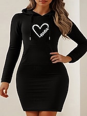 preiswerte Sweatshirt- und Hoodie-Kleider-Damen Minikleid Kapuzenkleid Mode Modern Täglich Ausgehen Normale Passform Herz Langarm Mit Kapuze Schwarz Frühling Herbst