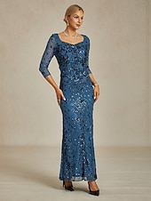 Damen Pailletten Maxikleid Etuikleid Trompete Meerjungfrau Kleid Bodycon Kleid Elegant Formal Cocktailabend Feier Floral 3/4 Länge Ärmel V-Ausschnitt Pfauenblau Frühling Herbst Winter preiswerte abendkleider-Damen Pailletten Maxikleid Etuikleid Trompete Meerjungfrau Kleid Bodycon Kleid Elegant Formal Cocktailabend Feier Floral 3/4 Länge Ärmel V-Ausschnitt Pfauenblau Frühling Herbst Winter