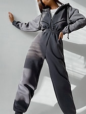 olcso nyaralás jumpsuit-Női Szabályos Jumpsuitek Utcai sikk Színes Hosszú ujj Kapucni Kollázs Cipzár Utca Napi Normál Fehér Arcpír rózsaszín Medence Ősz