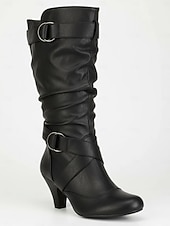 olcso Slouch Boots-női térdig érő csizma csatos pántokkal és enyhe kialakítással, középső sarokkal és sokoldalú stílussal hétköznapi és esti viselethez