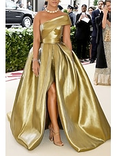 baratos Vestidos de Festa em A-Vestido de noite elegante, estilo champanhe dourado, corte A, vestido formal, casamento formal, comprimento até o chão, sem mangas, um ombro só, cetim com glitter 2025